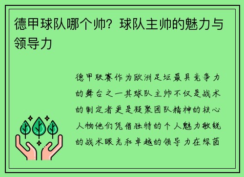 德甲球队哪个帅？球队主帅的魅力与领导力